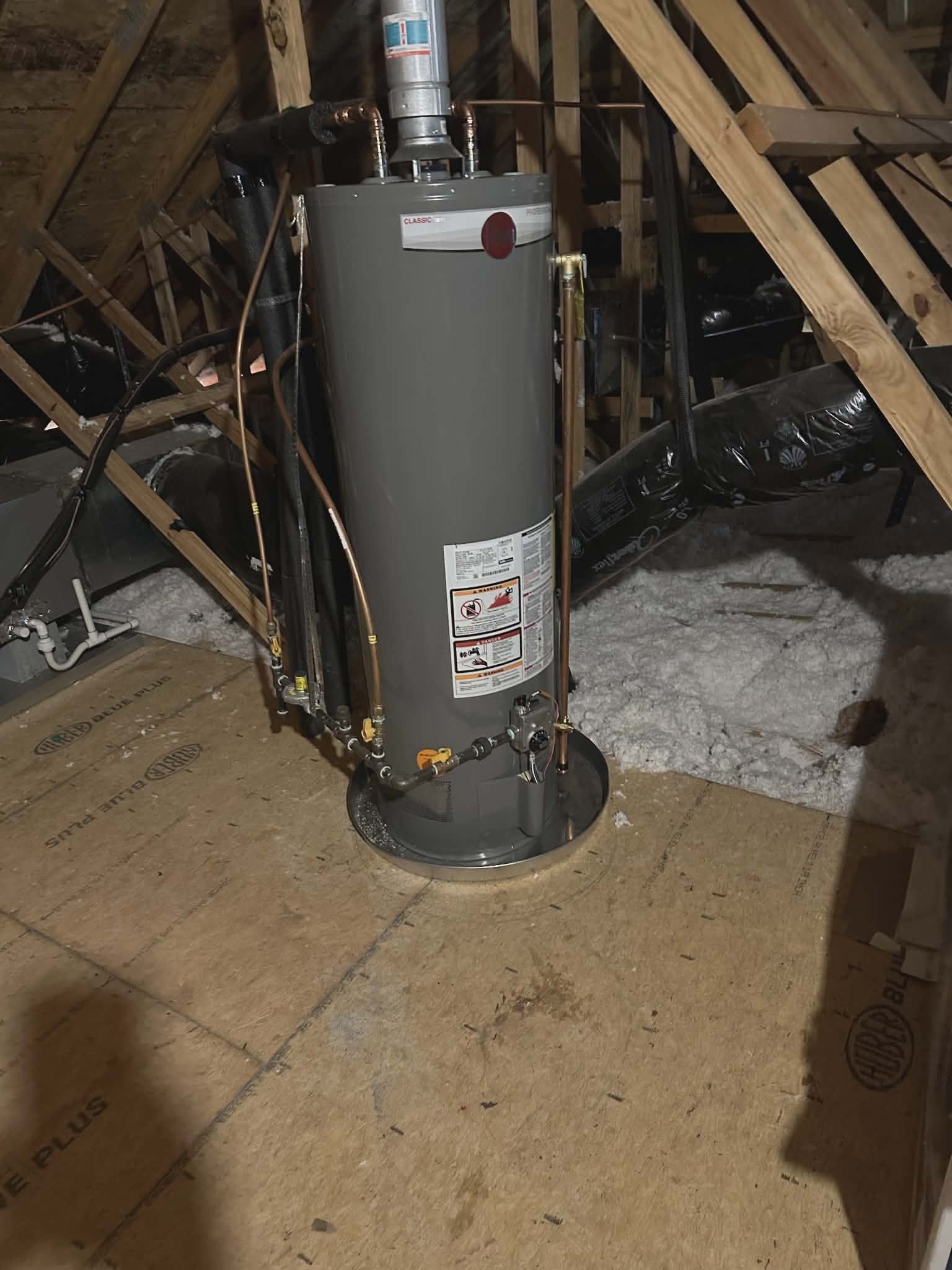 Newly installed gas water heater with proper venting and copper supply lines